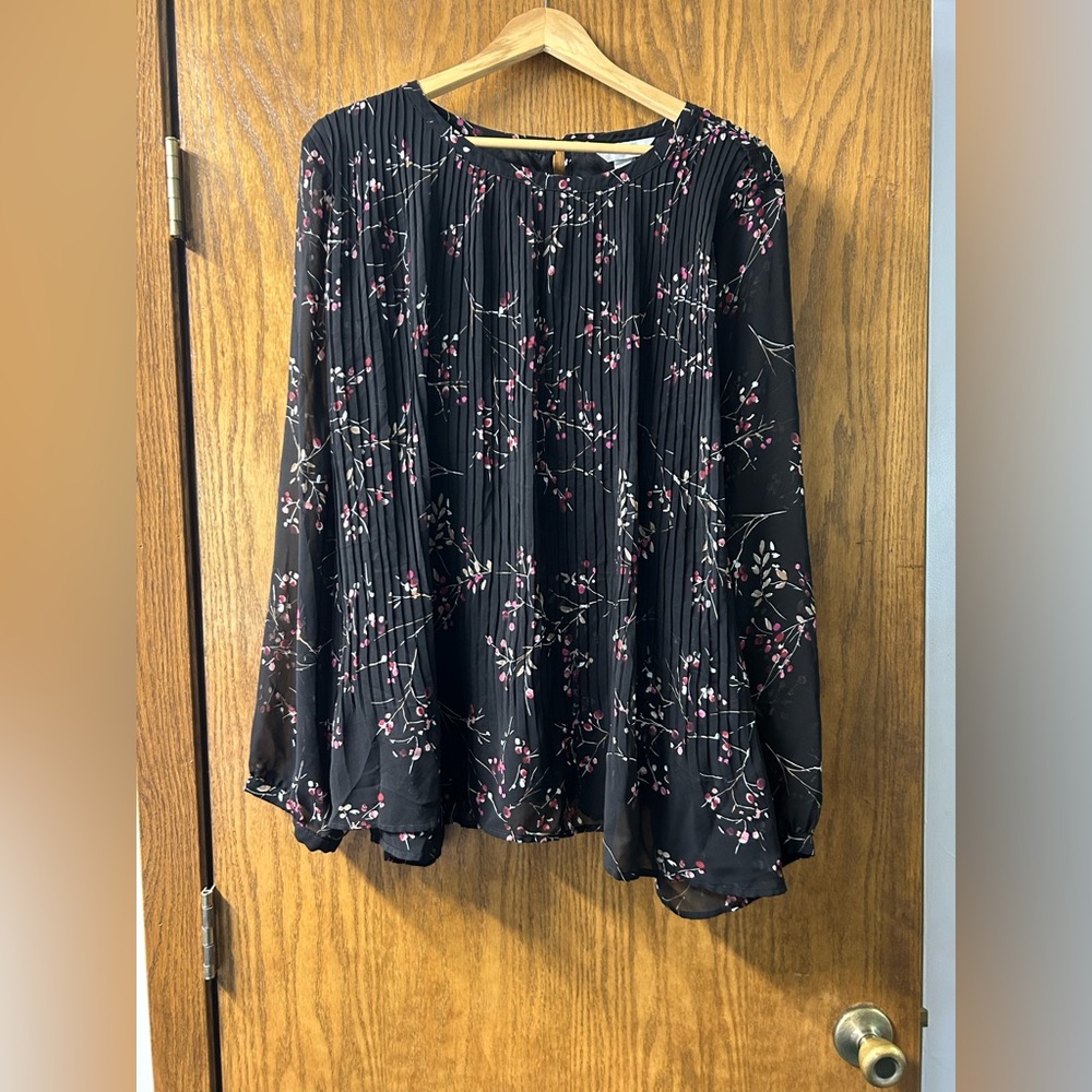 CJ Banks Black Blouse with Pink Floral Design